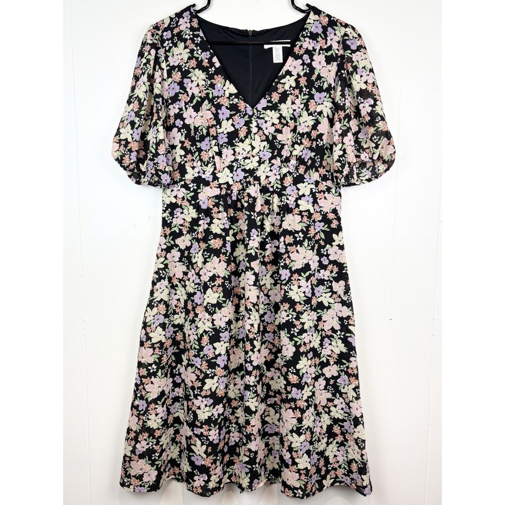 Women's Dress Sz 10 Floral Black V-Neck Midi Wedding Garden Event London Times